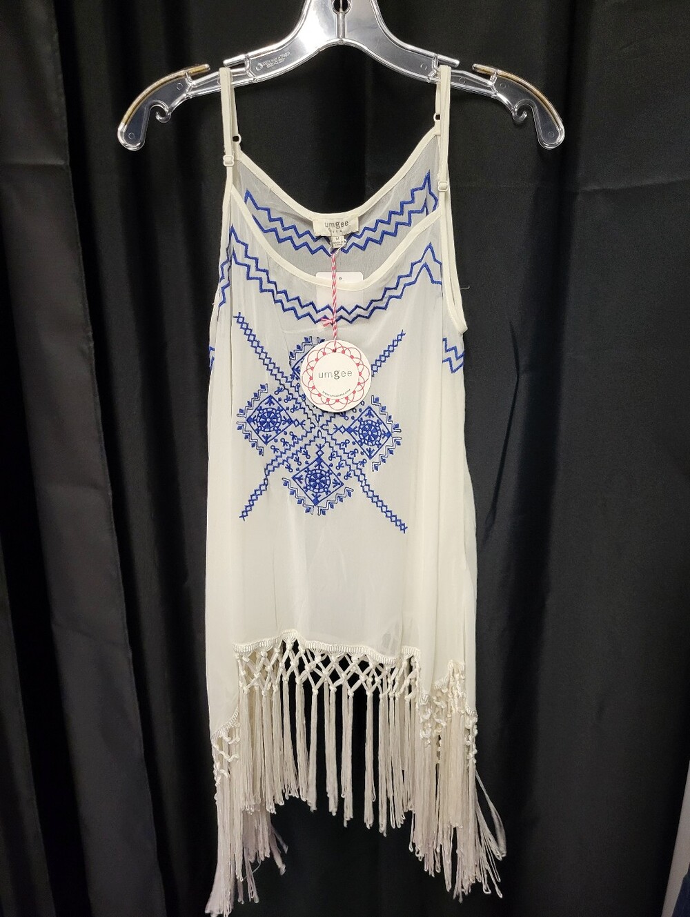 Umgee White And Blue Sheer Embroidered Fringe Tank Top Sz M NEW